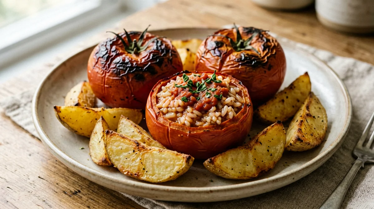 Pomodori al forno ripieni di riso, basilico e mentuccia