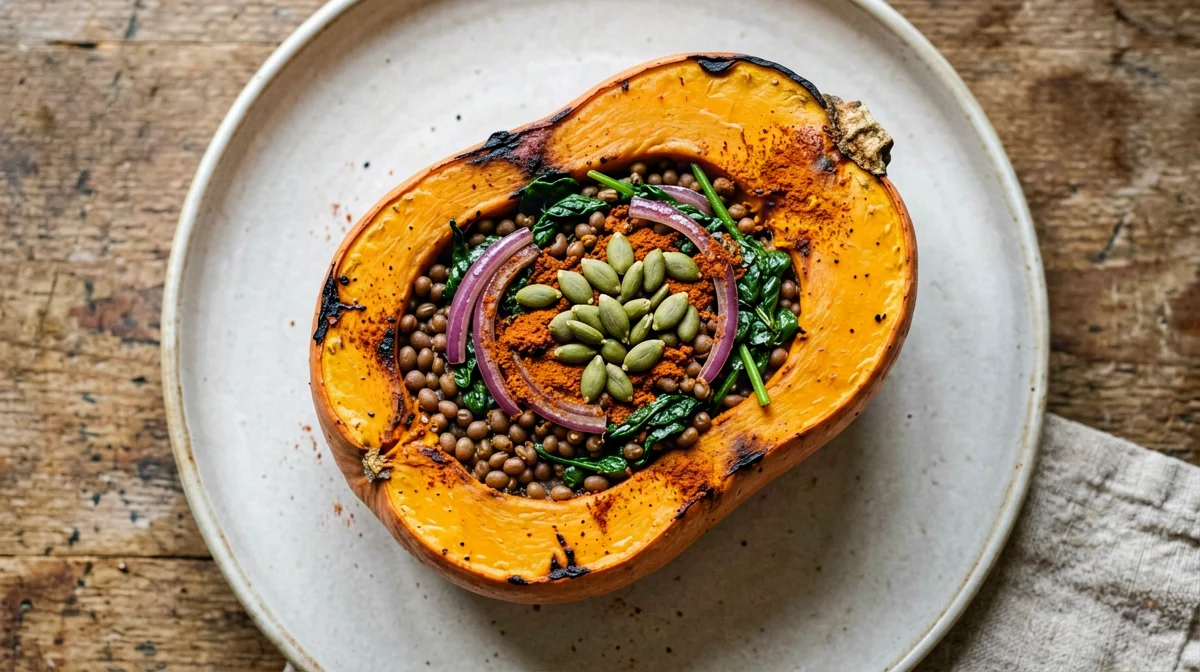 Zucca butternut ripiena di lenticchie e semi di zucca