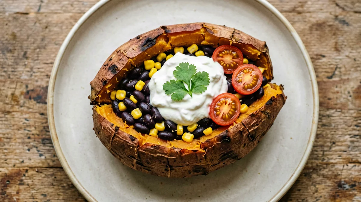 Patata dolce ripiena di fagioli neri e yogurt