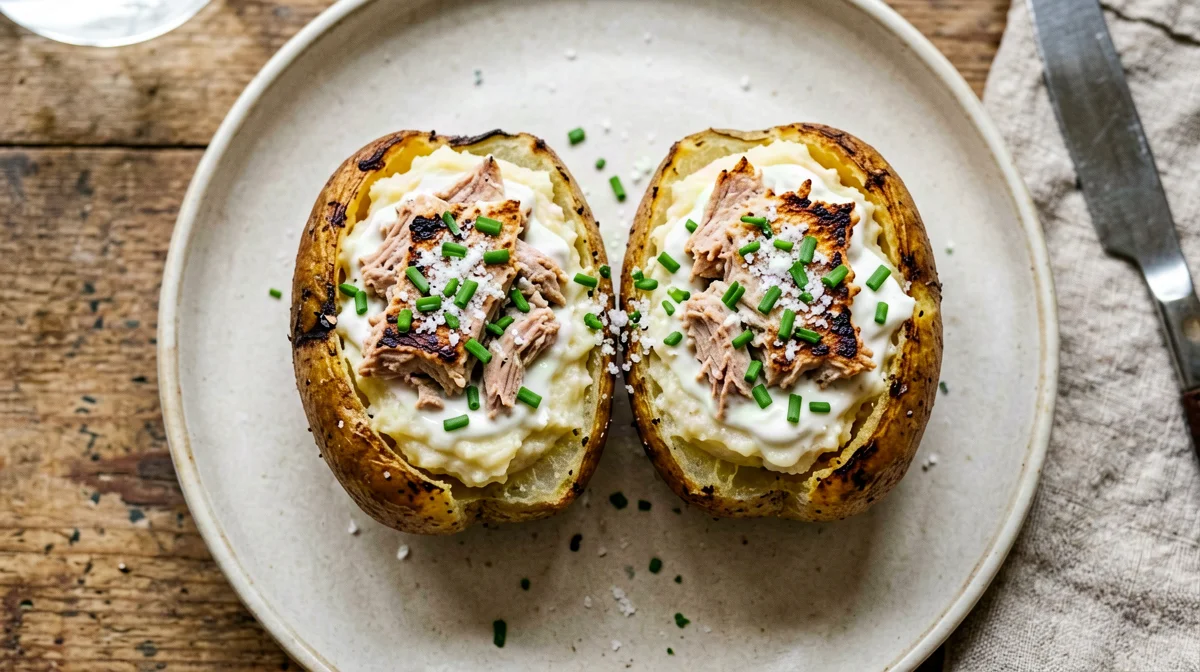 Baked potatoes stuffed with tuna and chives