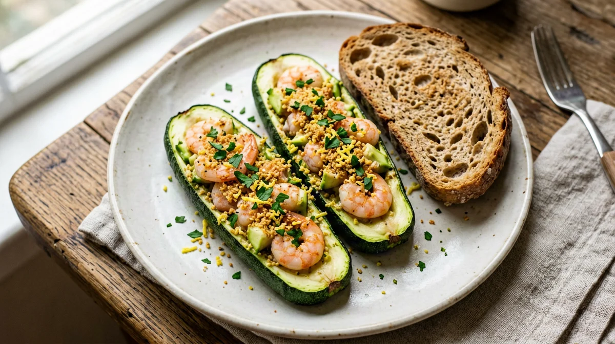 Zucchini stuffed with prawns and lemon breadcrumbs