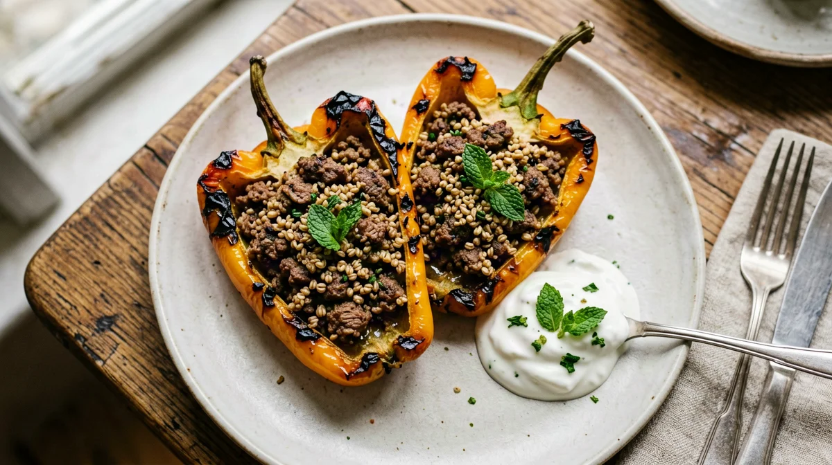 Peperoni ripieni di bulgur e agnello alle spezie