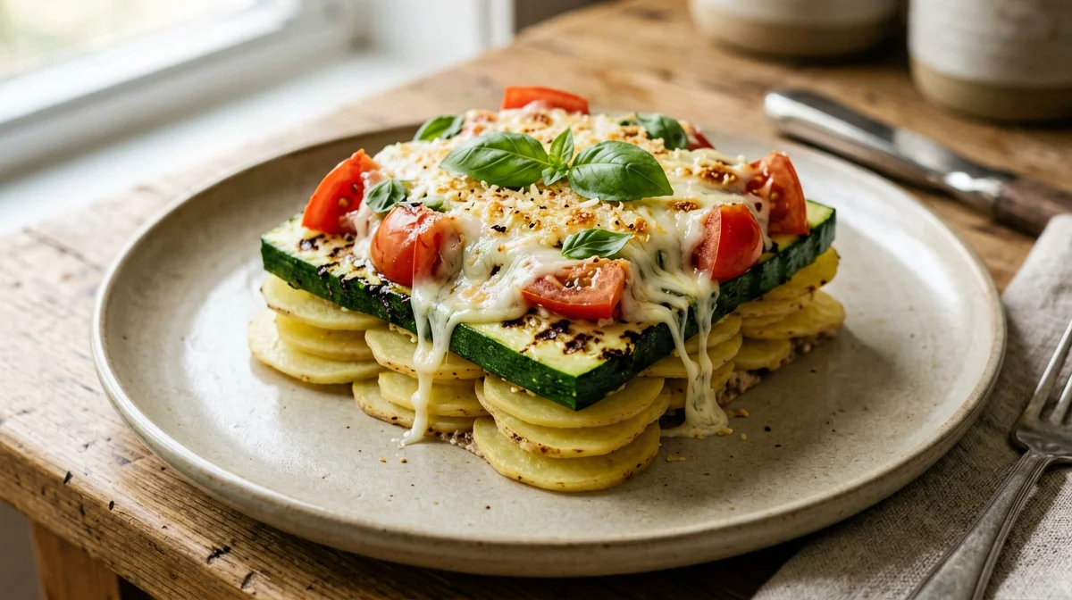 Parmigiana di zucchine con mozzarella e basilico