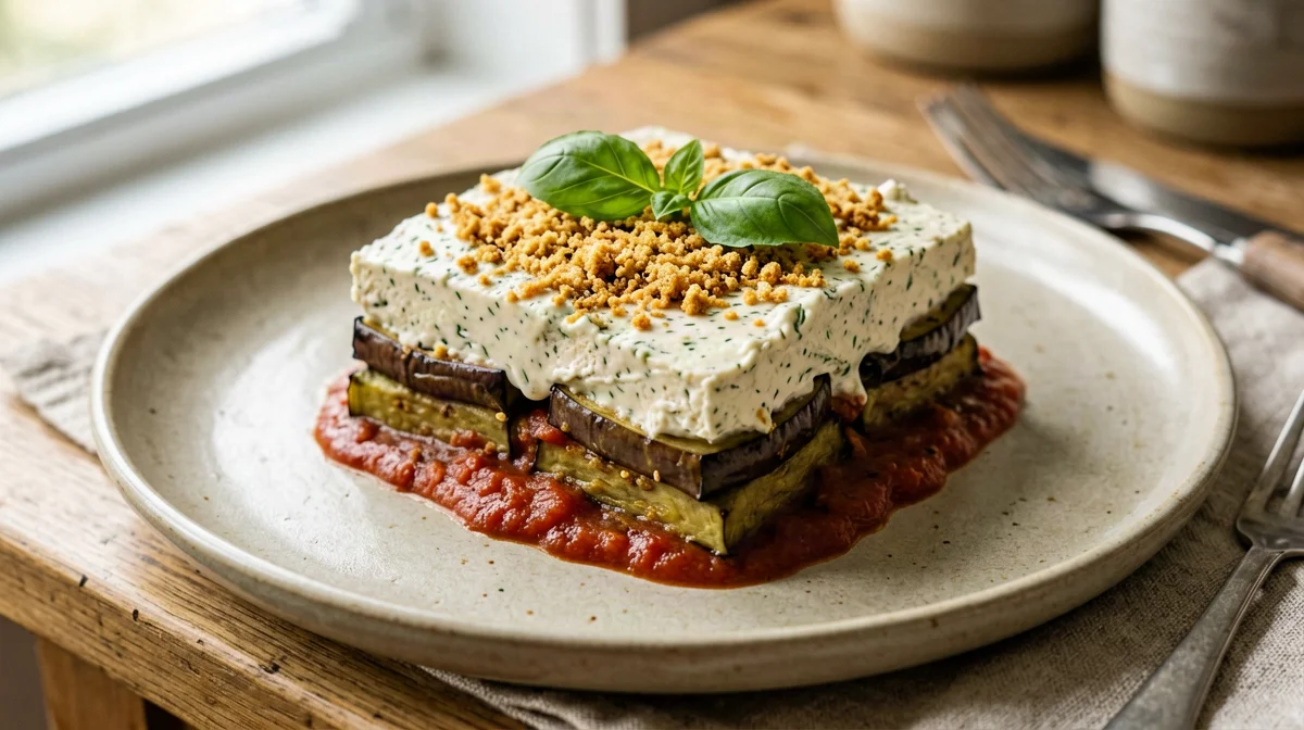 Parmigiana vegana di melanzane con crema di tofu
