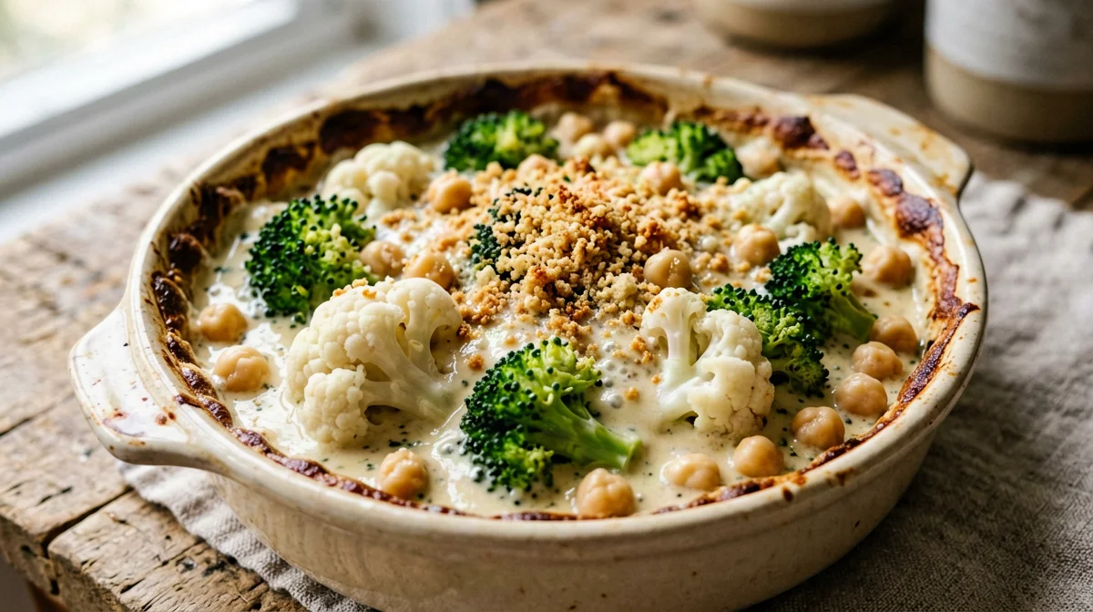 Cauliflower and broccoli gratin with oat béchamel