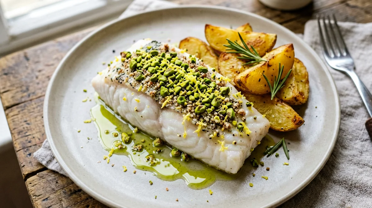 Pistachio-crusted cod with roast potatoes