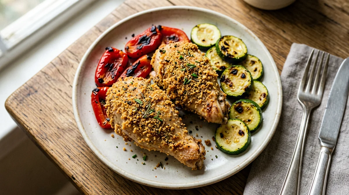 Herb-crusted chicken thighs with vegetables