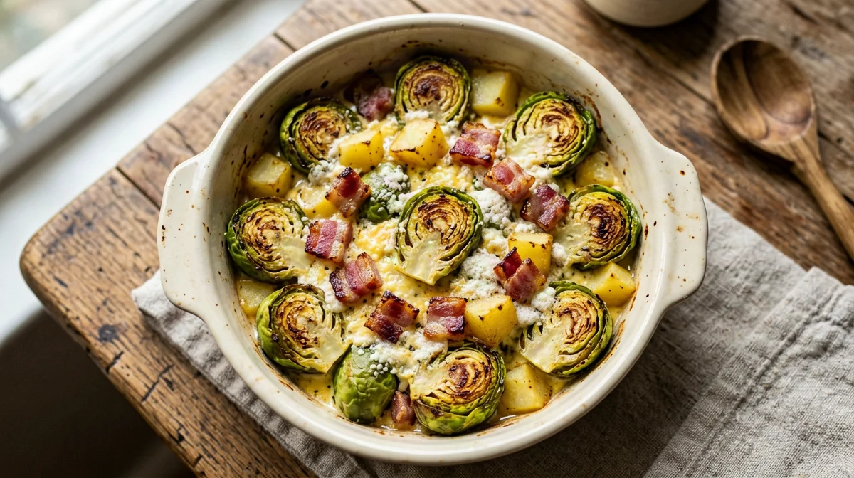 Brussels sprout gratin with pancetta and potatoes