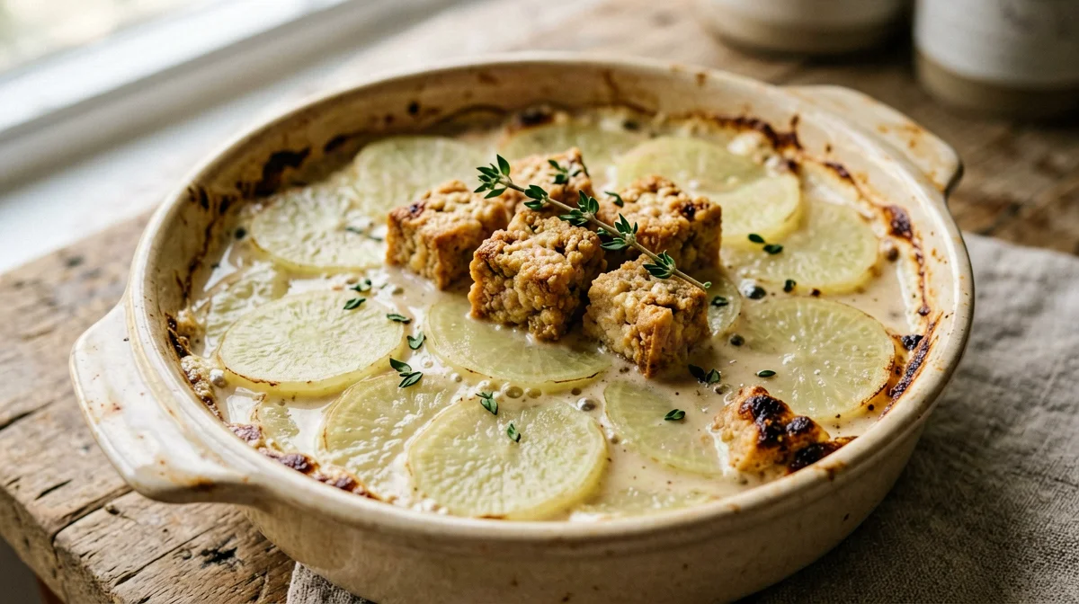 Gratin di sedano rapa, patate e tempeh