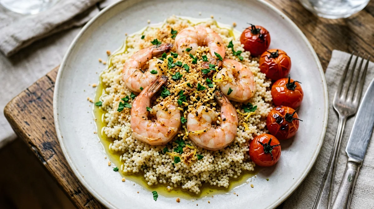 Parsley-crumbed prawns with couscous