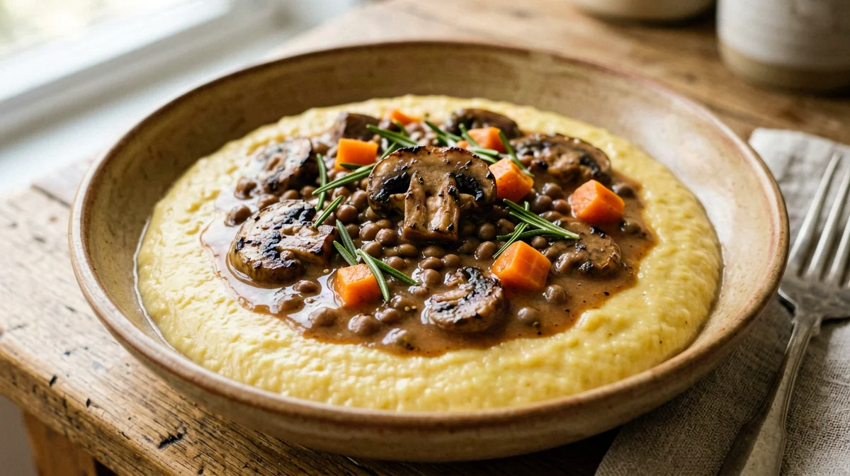 Polenta with mushroom and lentil stew