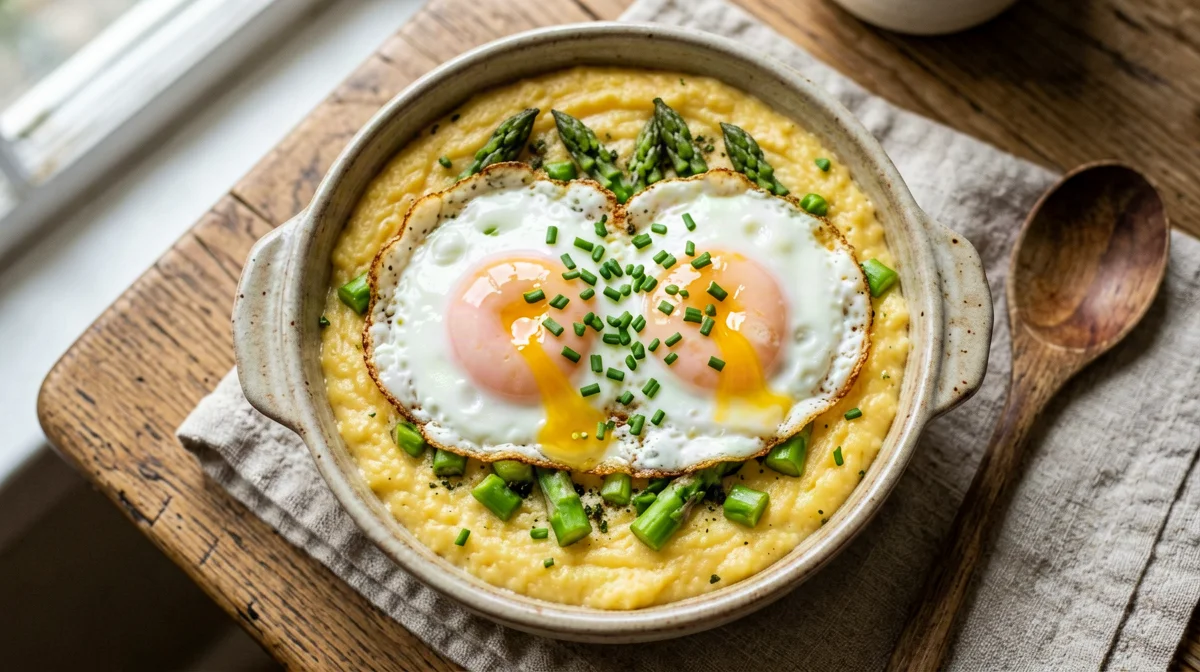 Soft polenta with baked eggs and asparagus