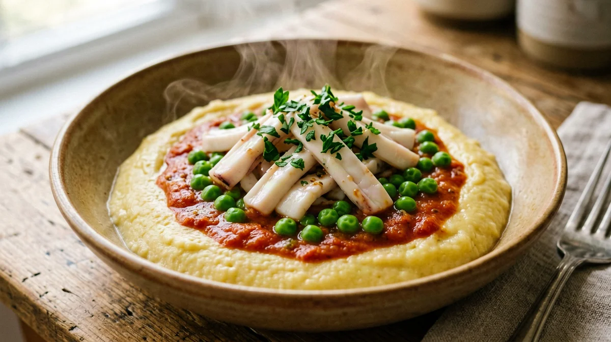 Polenta con seppie in umido e piselli