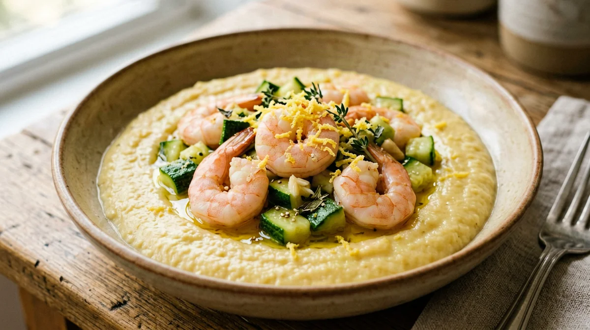 Polenta with prawns, zucchini and thyme