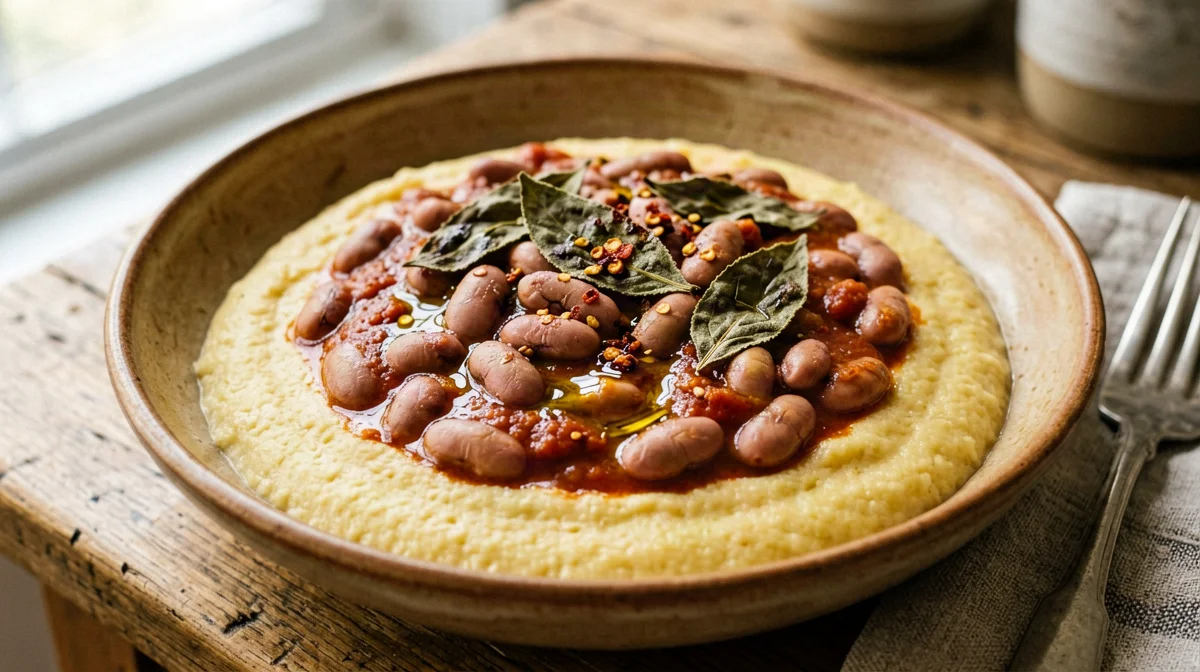 Polenta with borlotti beans all'uccelletto