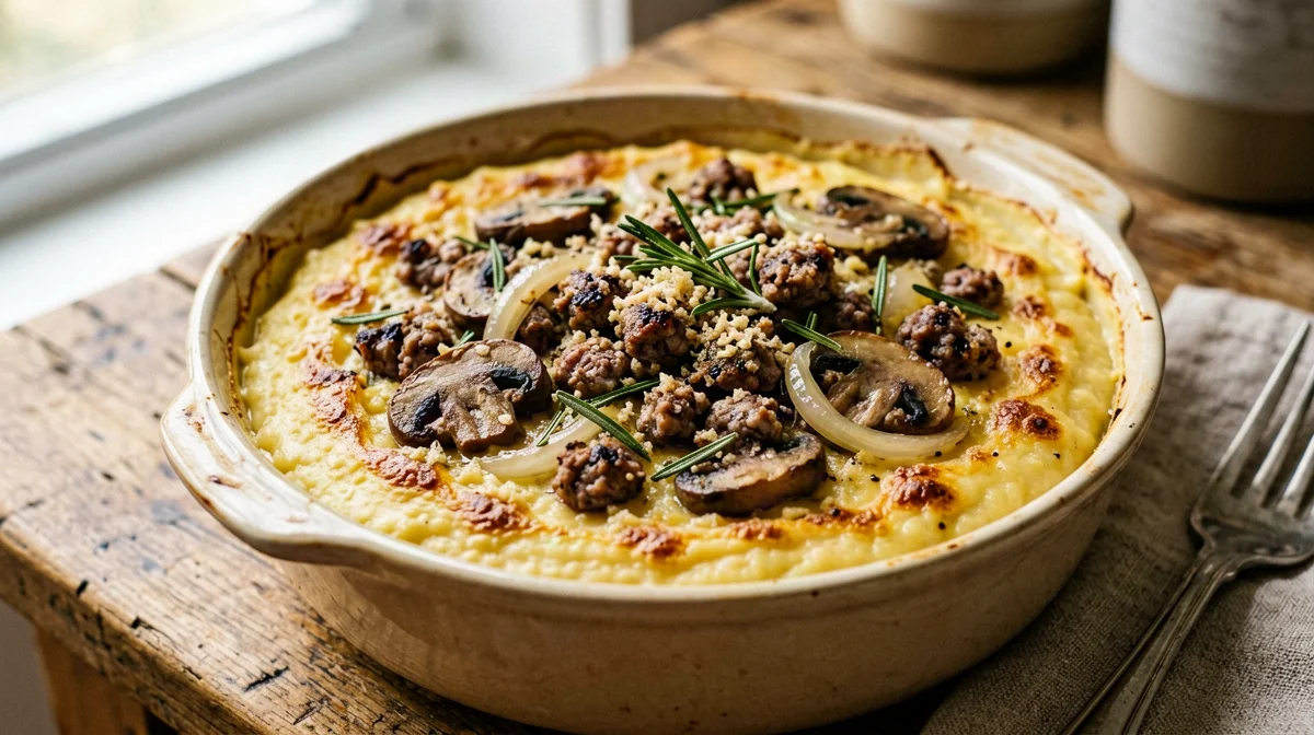 Polenta con salsiccia e funghi al forno