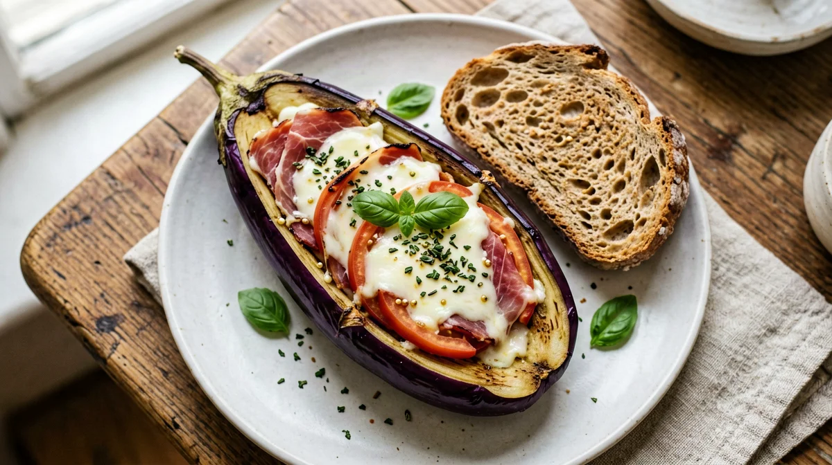 Hasselback aubergine with tomato and mozzarella
