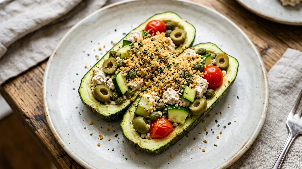 Zucchine ripiene di tofu, olive e capperi