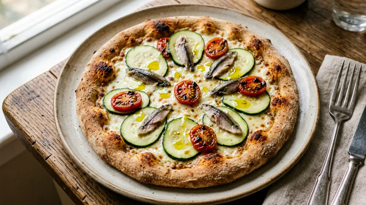 Pizza di farro con zucchine, alici e pomodorini