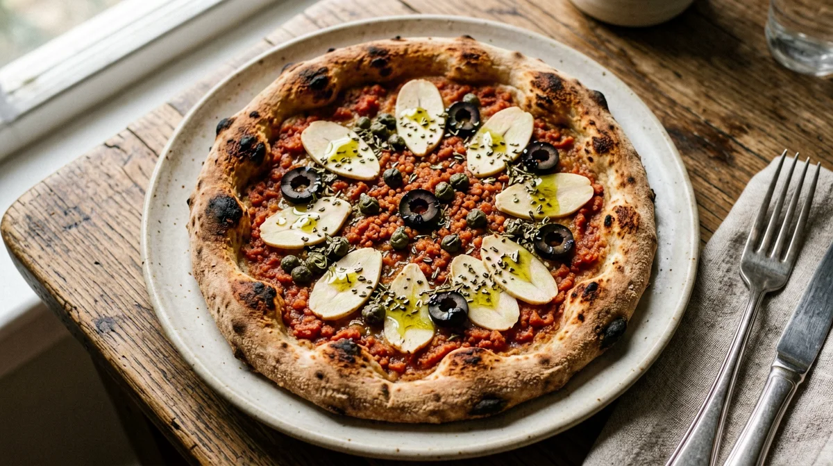 Pizza marinara integrale con capperi e olive