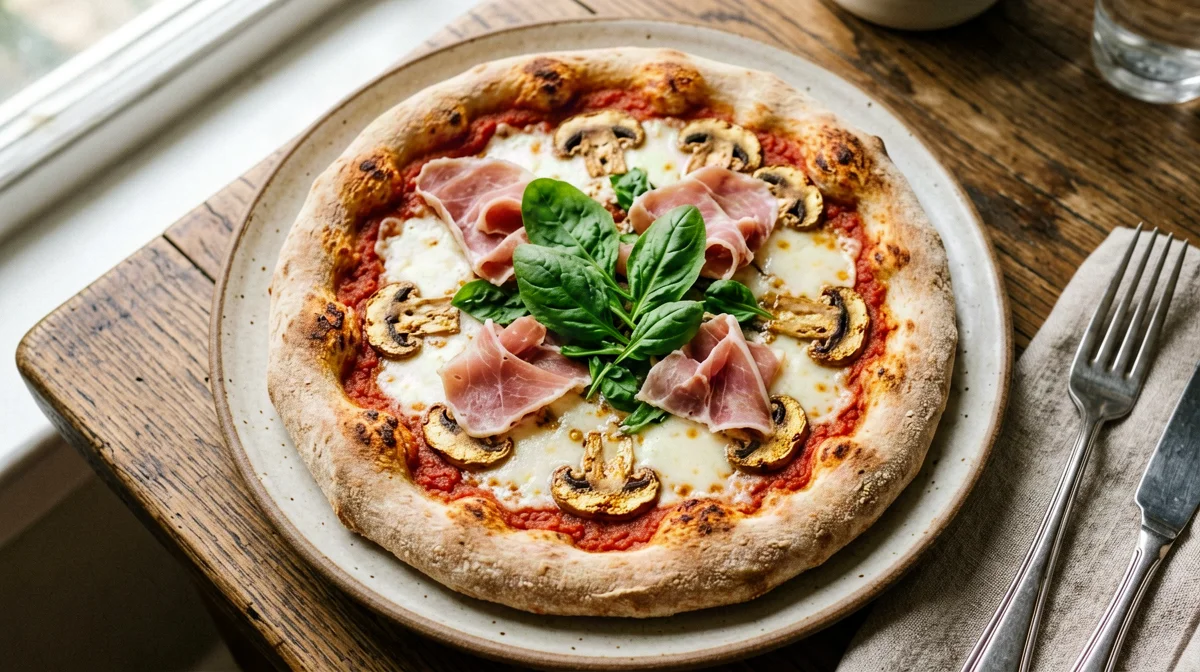Pizza with mushrooms, cooked ham and rocket