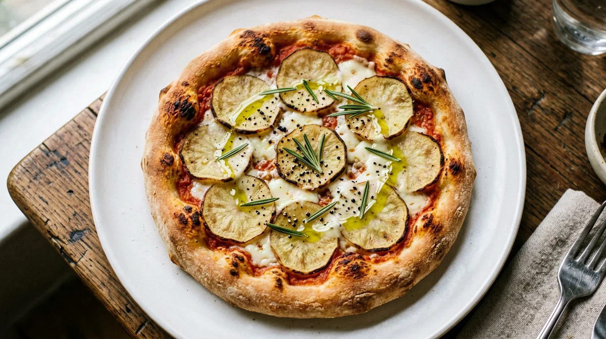White pizza with potatoes, rosemary and scamorza