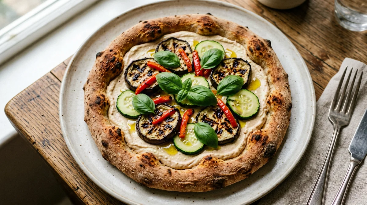Vegan pizza with grilled vegetables and chickpea cream