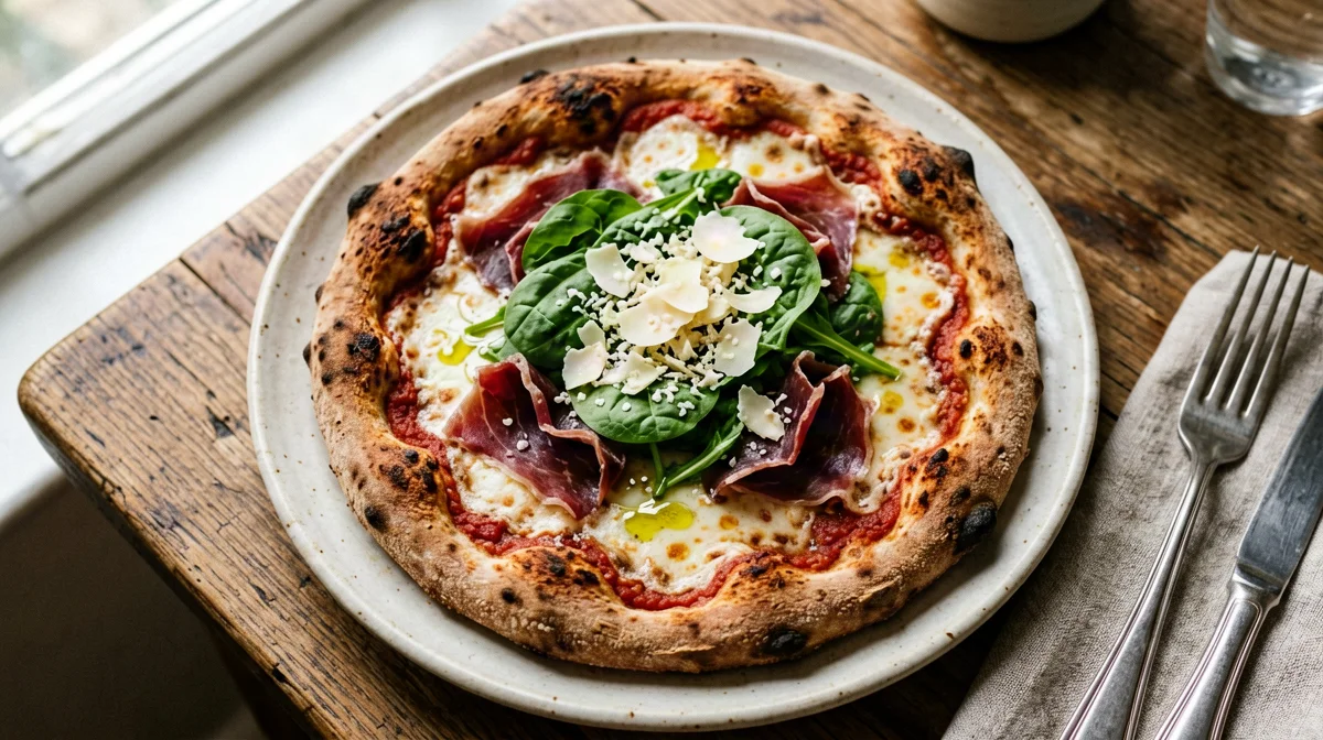 Pizza with bresaola, rocket and Grana shavings