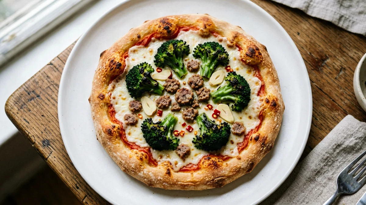White pizza with broccoli and sausage