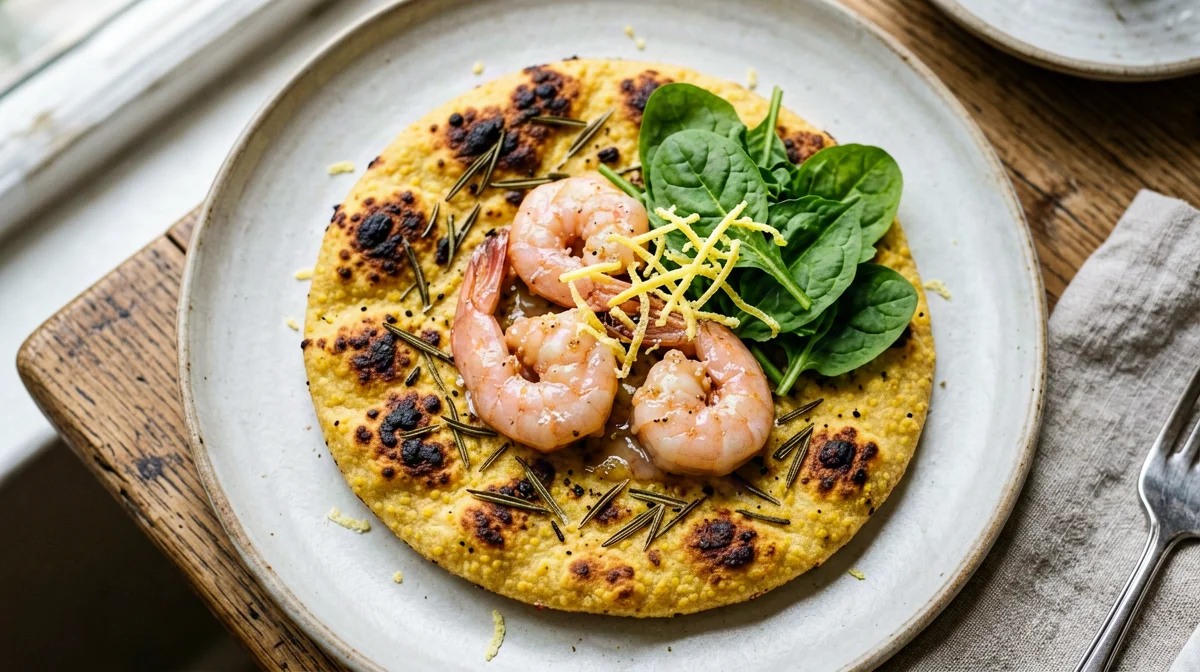Farinata con gamberi, rosmarino e limone