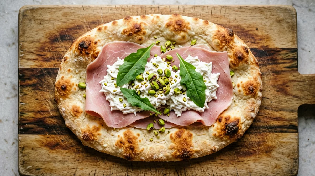 Pinsa with mortadella, stracciatella and pistachios