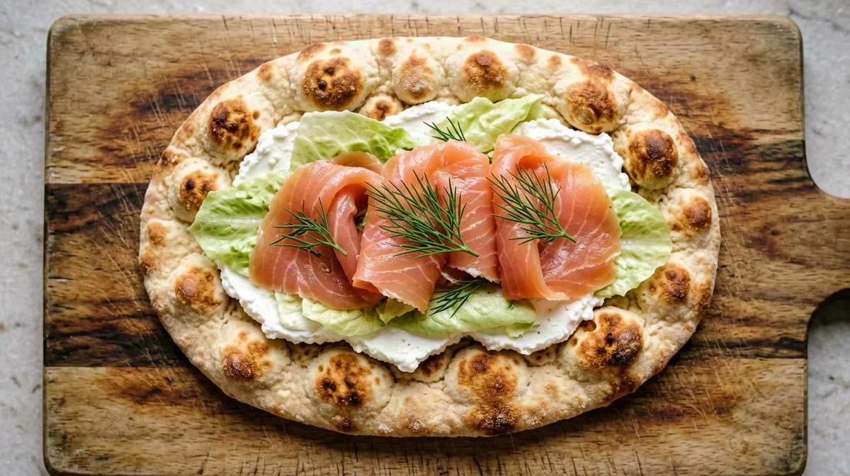 Pinsa con salmone affumicato, robiola e aneto