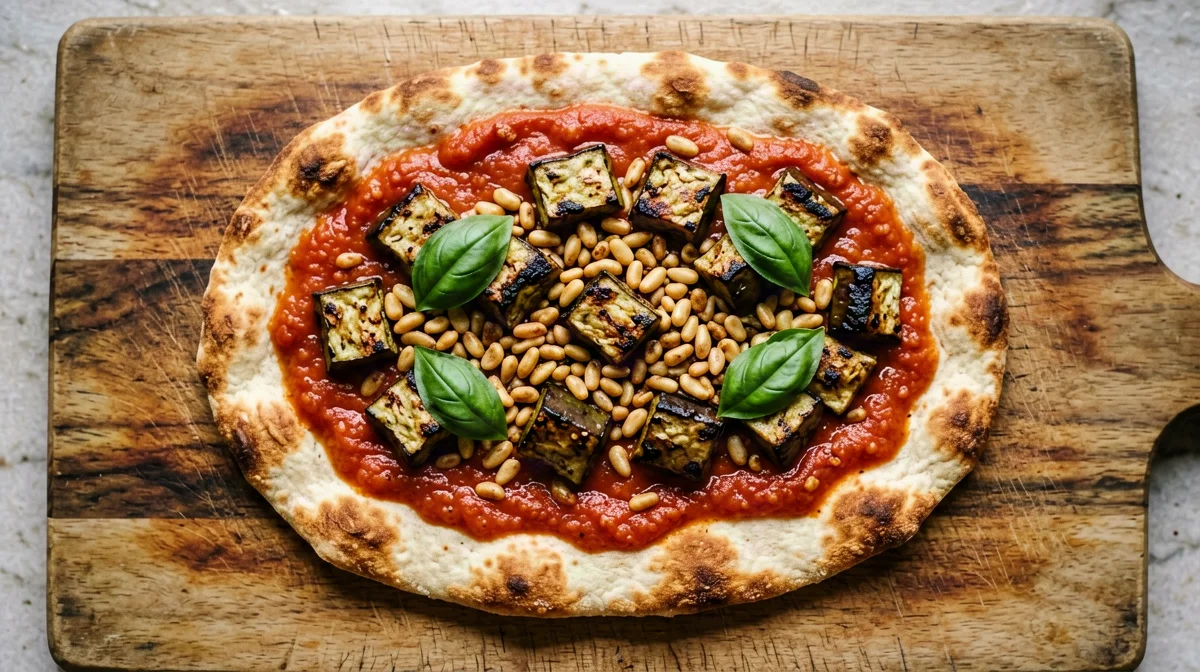 Pinsa vegana con melanzane, pomodoro e basilico