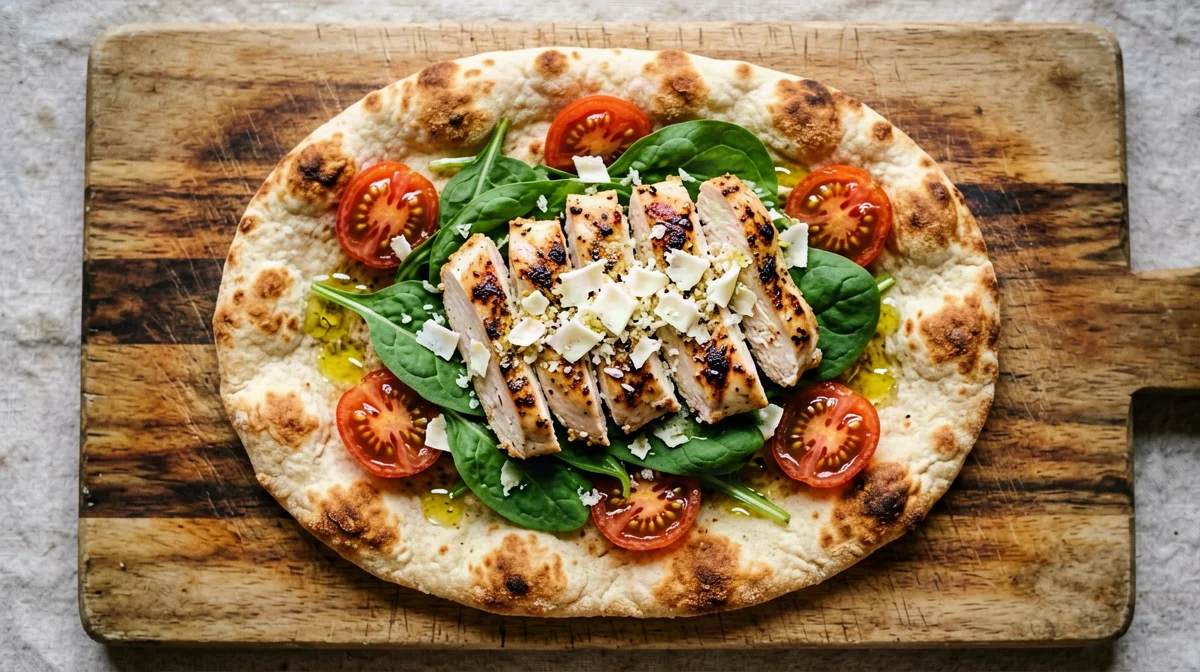 Pinsa with grilled chicken, cherry tomatoes and rocket