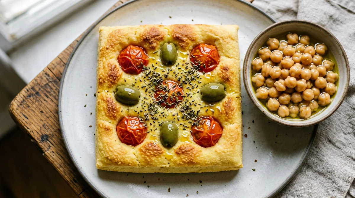Bari-style focaccia with tomatoes and olives and a chickpea salad