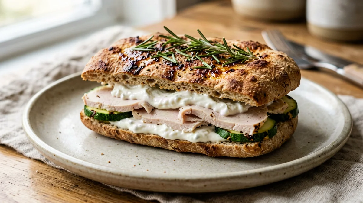 Focaccia integrale farcita con tacchino e zucchine grigliate
