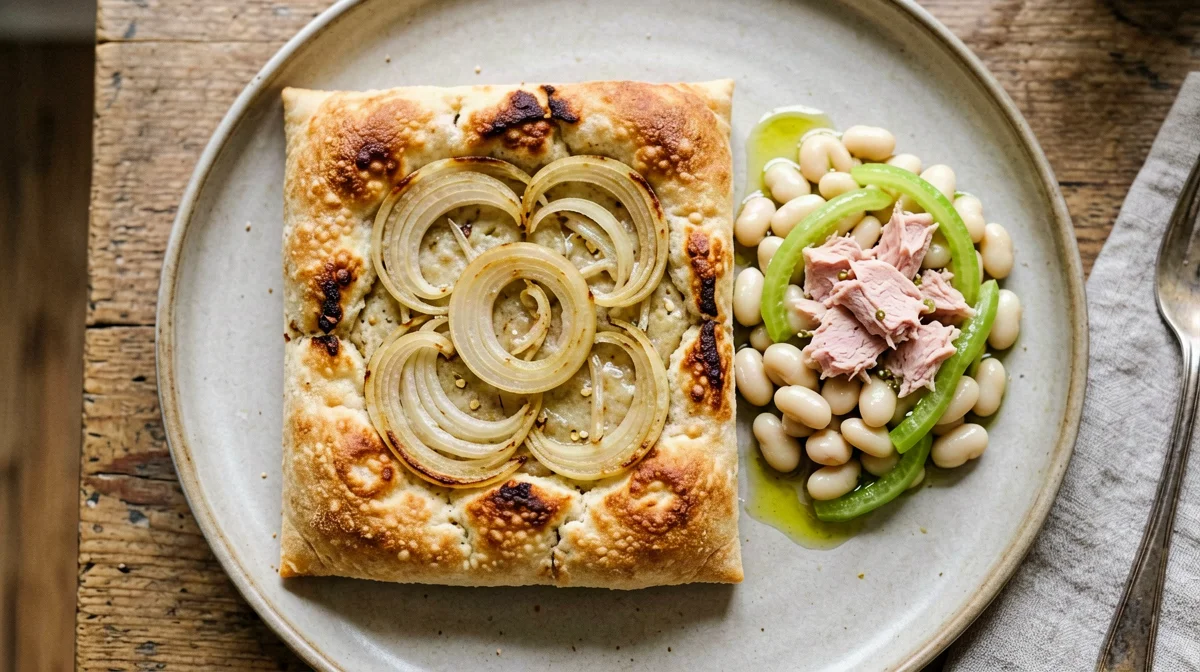 Onion focaccia with a tuna and bean salad