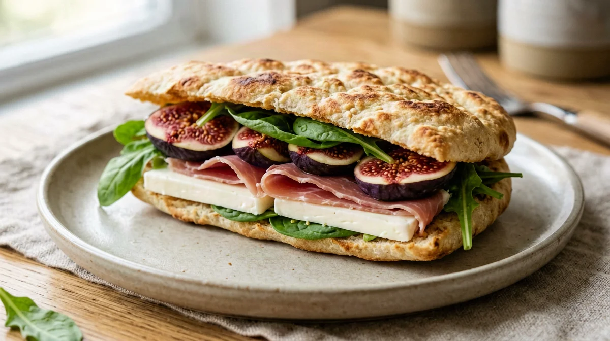 Schiacciata farcita con prosciutto crudo, fichi e rucola