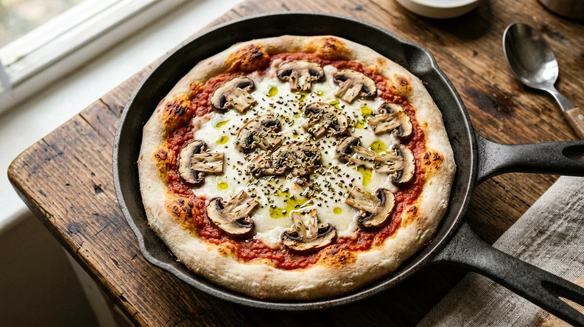 Pizza in padella con funghi e scamorza