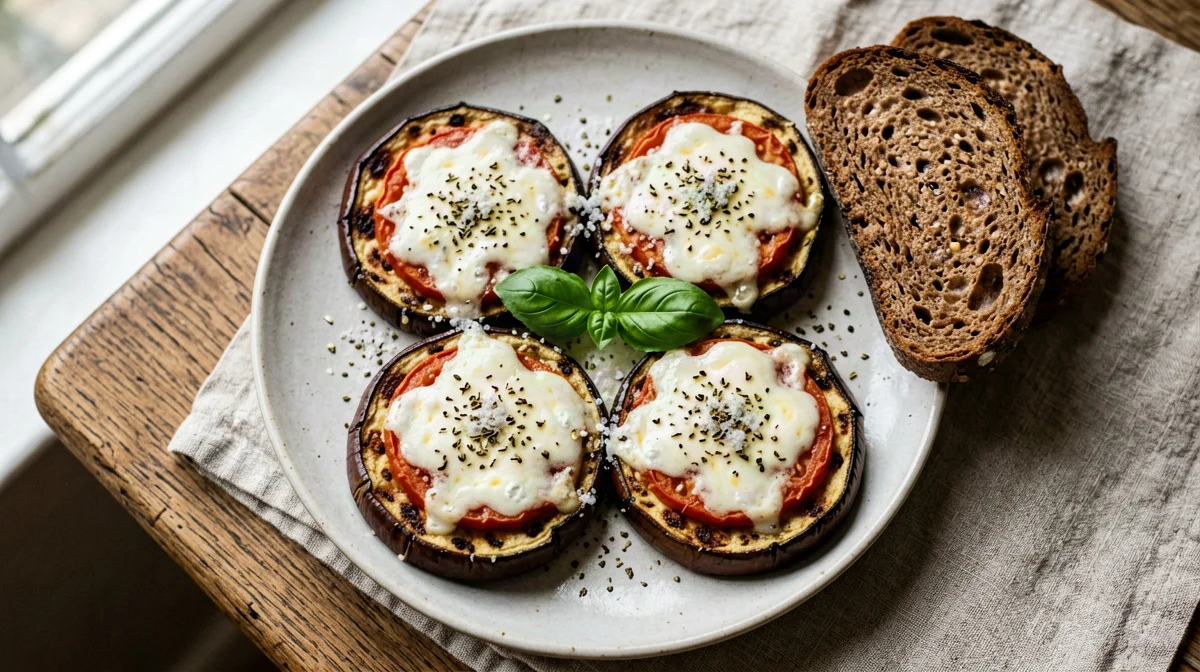 Aubergine pizzette with tomato and mozzarella