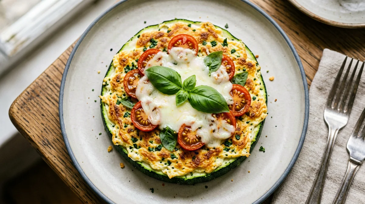 Zucchini pizza with an egg and Parmigiano base