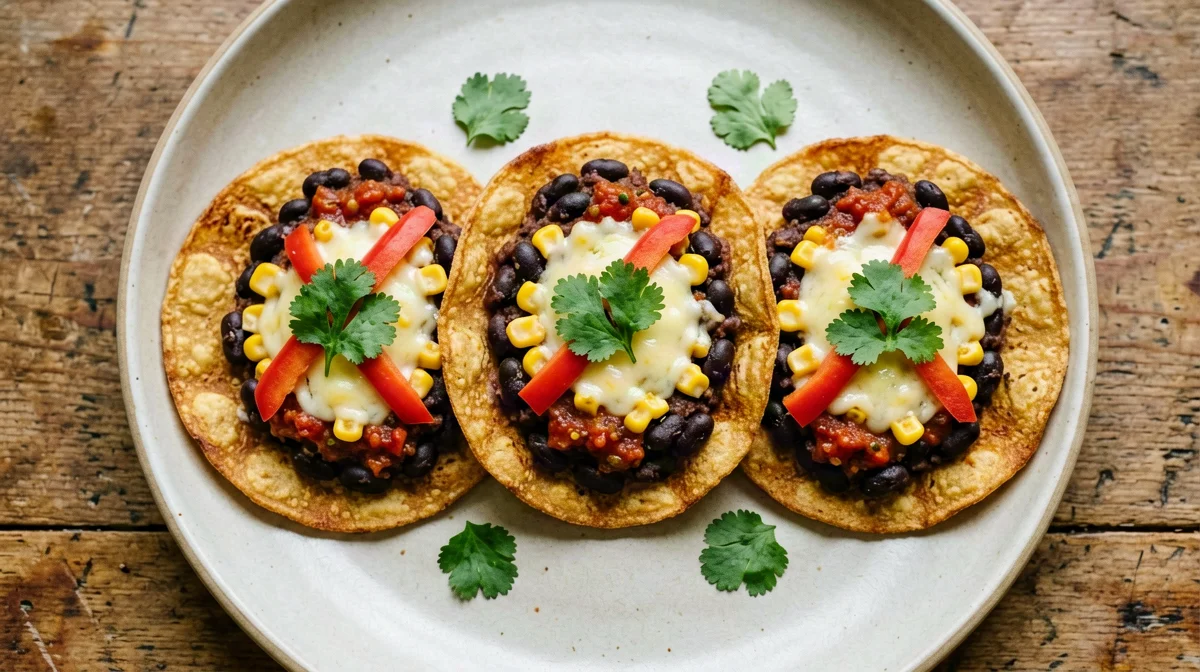 Tortilla pizza with black beans, corn and peppers