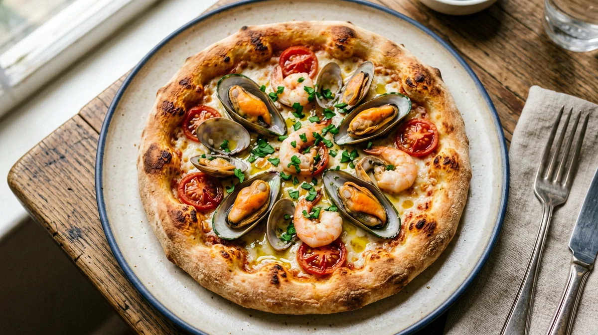 Seafood pizza with cherry tomatoes