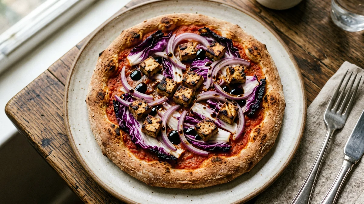 Pizza vegana con tofu affumicato, radicchio e cipolla