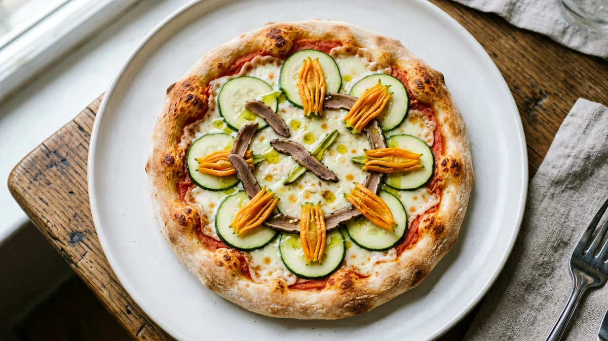 Pizza bianca con fiori di zucca e alici