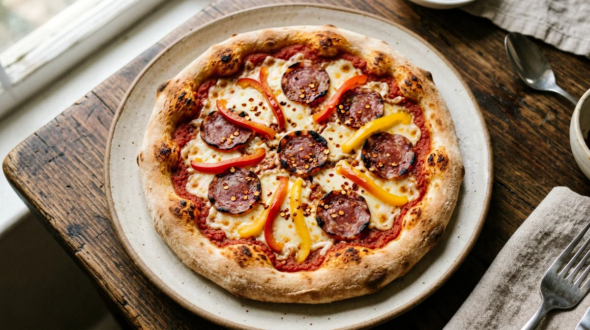 Pizza with salami, peppers and light mozzarella
