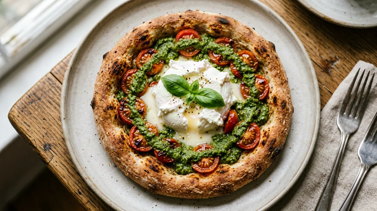 Pizza al pesto con pomodorini e burrata