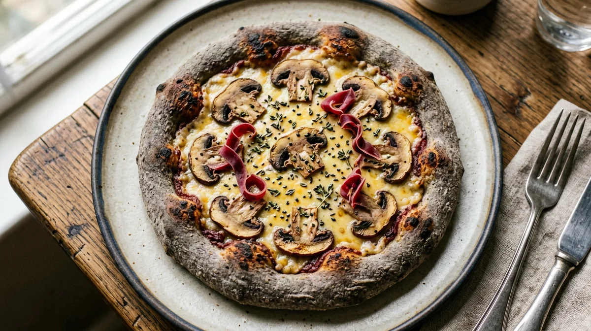 Pizza di grano saraceno con funghi, speck e fontina