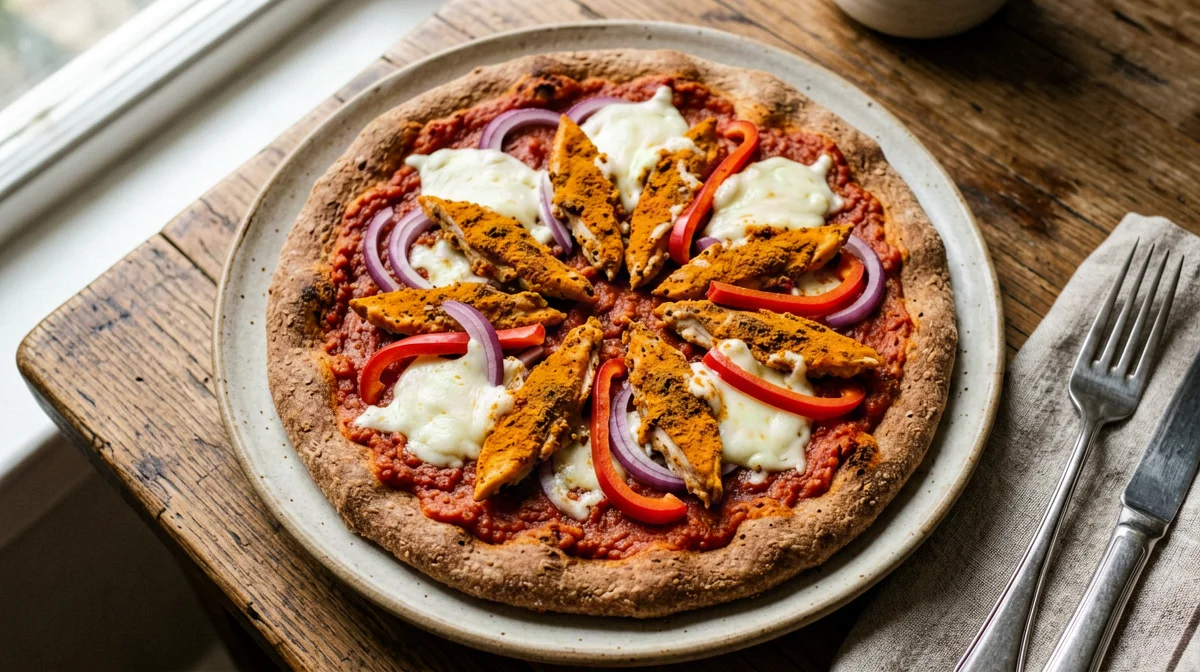 Pizza allo yogurt greco con pollo, peperoni e cipolla