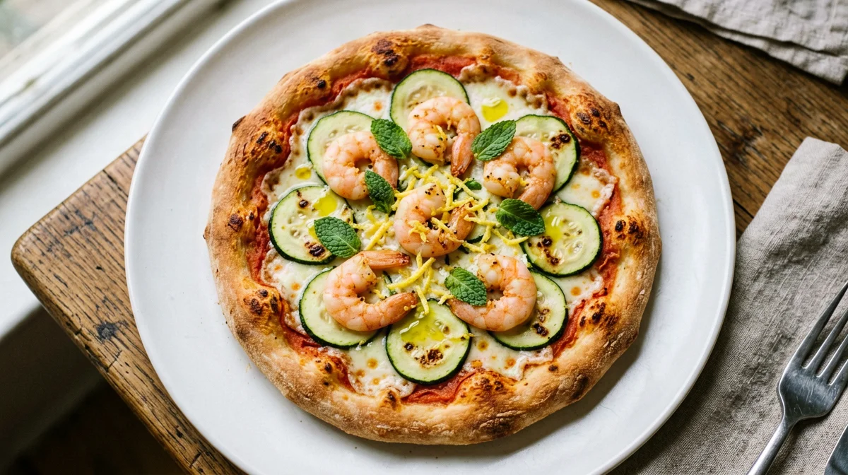 Pizza bianca con gamberi, zucchine e limone